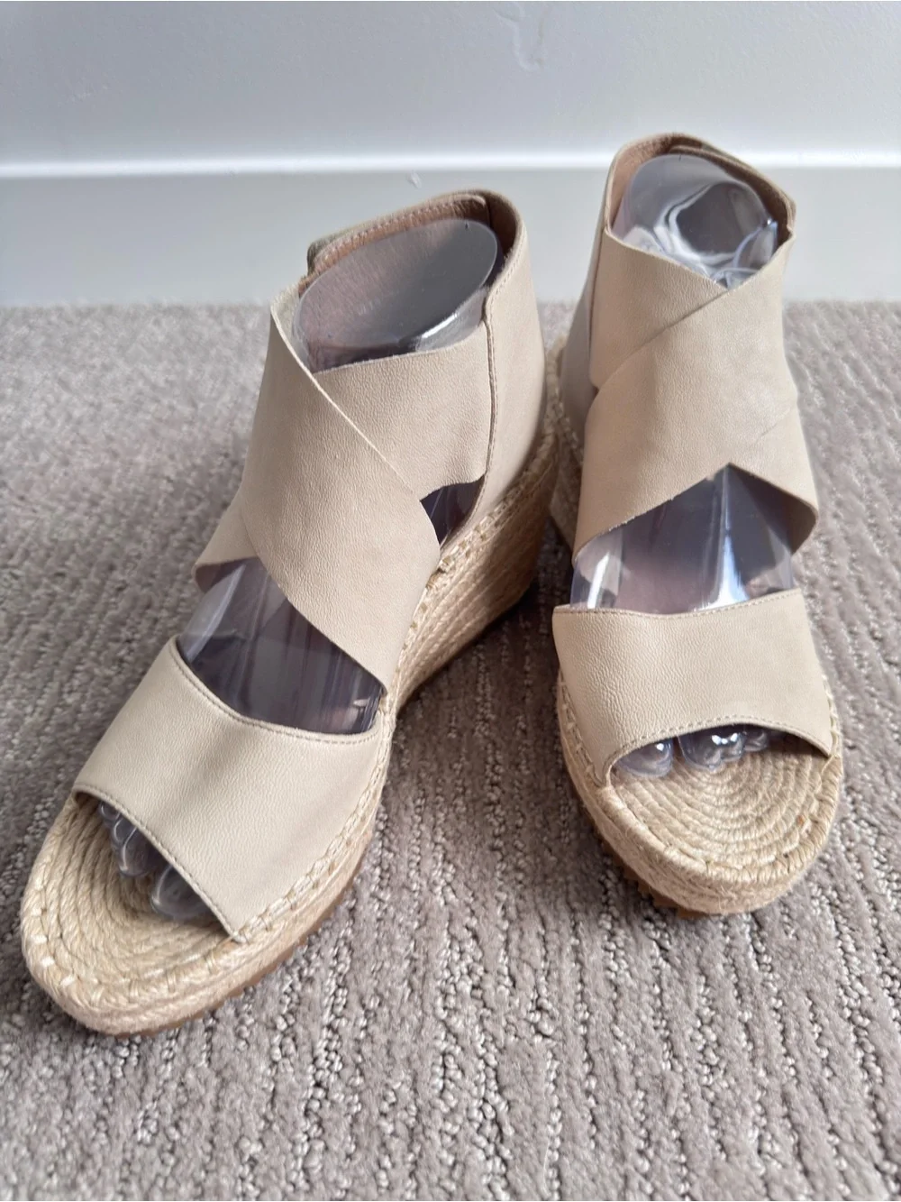 NWOB Eileen Fisher Willow Leather Wedge Espadrille Sandals Nude Women’s Size 8.5